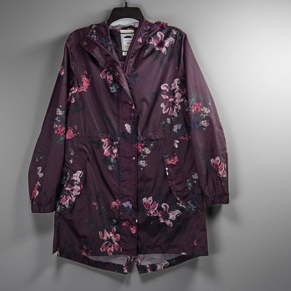 Joules Right As Rain Z-GoLightly Purple Floral Rain Jacket Long Line Sz 6